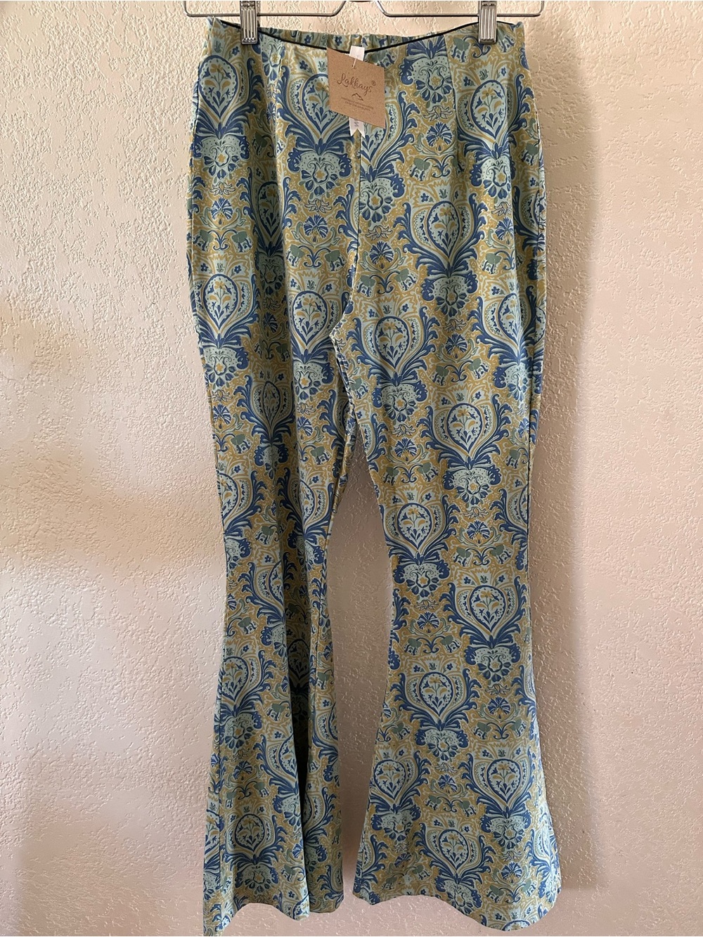 Blue and green organic cotton Paisley bell flared yoga Pants